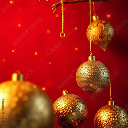 Golden ornaments sparkle on a crimson backdrop, joyful, cozy