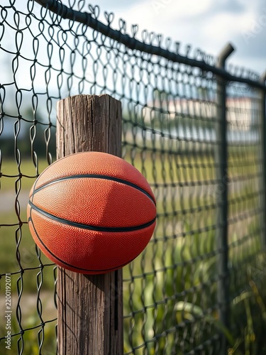 Fence post with basketball leaning against it, architecture, urban