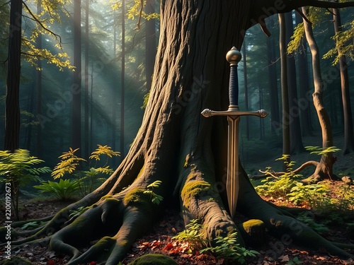 Ancient tree trunk rises from mystical forest floor, Excalibur's hilt shining, legend, landscape