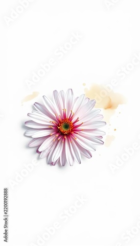 A delicate aster flower with petals unfolding from a central core, surrounded by gentle watercolor brushstrokes on a crisp white background, ||aster, soft focus
