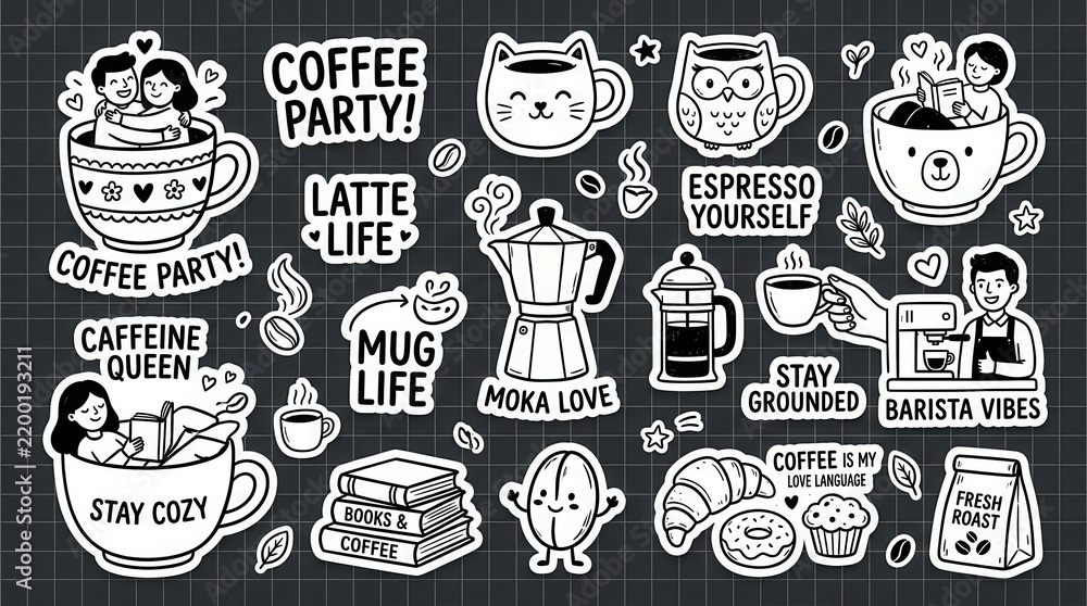 Fototapeta premium Coffee Lover Sticker Set with Cute Doodles, Barista Quotes, and Caffeine Themed Illustrations in Black and White Line Art