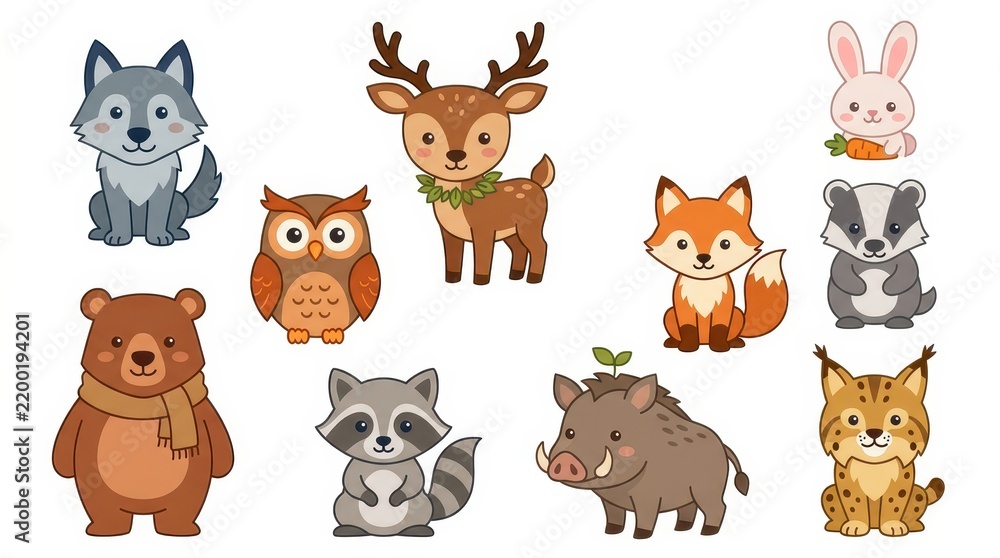 Obraz premium Cute Forest Animals Collection - Kawaii Woodland Creatures Vector Illustration Set for Kids and Nursery Decor