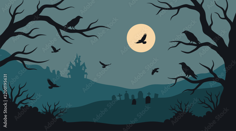 Fototapeta premium A spooky halloween background vector featuring a full moon silhouettes of creepy trees and flying crows in a dark night