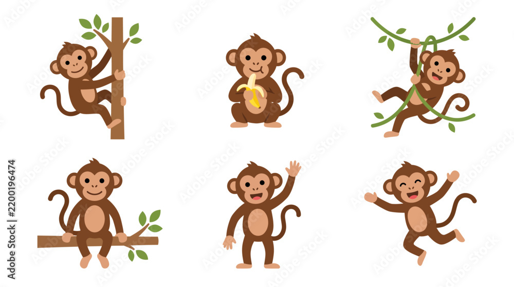 Fototapeta premium Cute monkey character collection in various poses and actions