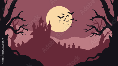 Canvas Print A spooky halloween background vector featuring a dark haunted castle silhouette