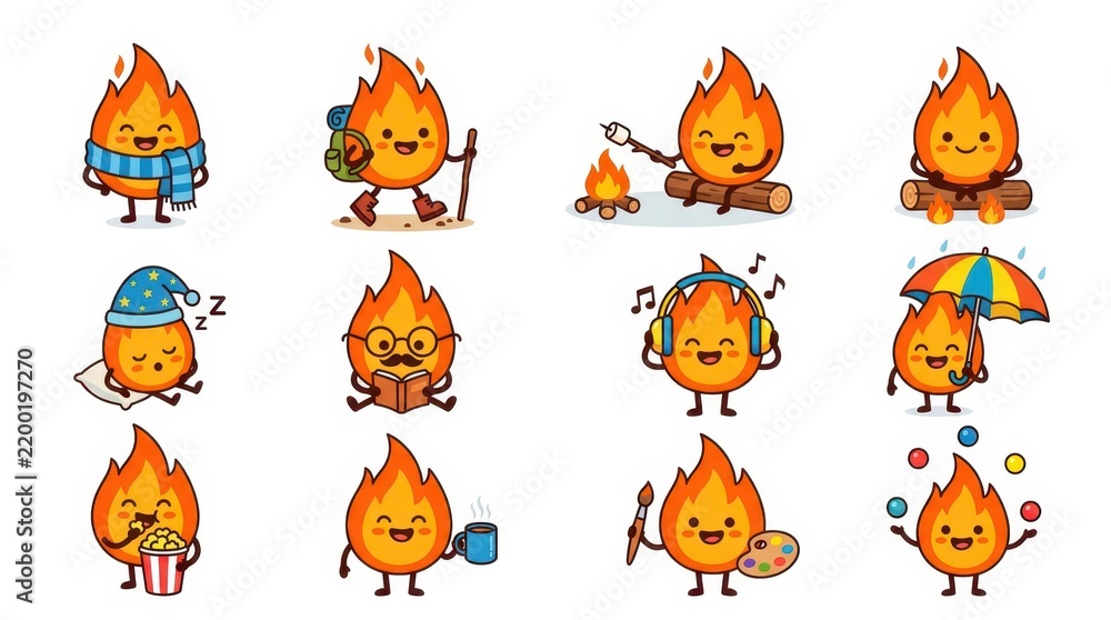 Obraz premium Cute Fire Character Mascot Set with Various Activities and Emotions for Kids and Creative Design Projects