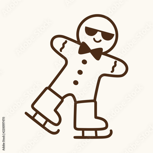 Cute cool Christmas gingerbread man character ice skating outline flat vector illustration funny sweet baking line art design isolated