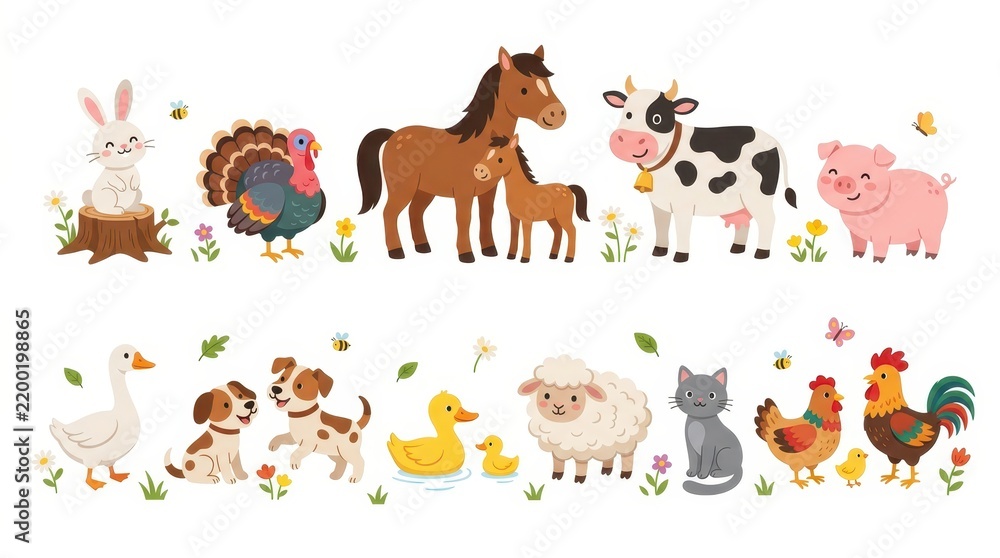 Fototapeta premium Cute Cartoon Farm Animals Collection with Horse Cow Pig Sheep Chicken and Dog Vector Illustration for Kids