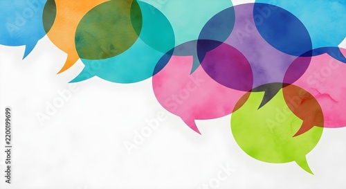 Vibrant Watercolor Speech Bubbles with overlapping transparent colorful dialogue clouds on white background ideal for communication concepts and social media marketing.