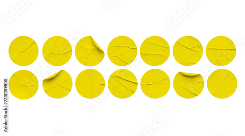 Yellow wrinkled round sticker adhesive label badge mockup set