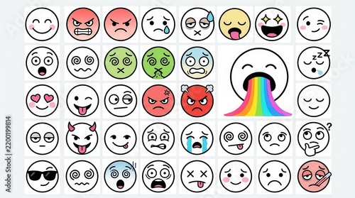 Collection of Various Emoji Face Icons with Different Expressions and Emotions for Digital Communication and Design