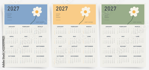 One Page Calendar 2027. Calendar templates 2027 for wall and desk use. Set of ready to print annual layouts. Clean floral decor modern 2027 calendar.	