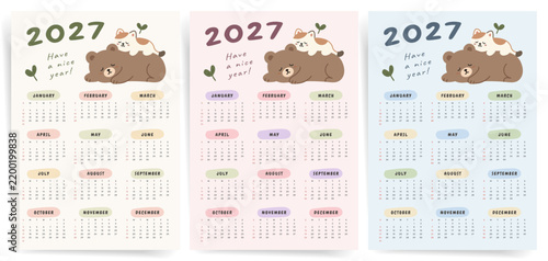 One Page Calendar 2027. Calendar templates 2027 for wall and desk use. Set of ready to print annual layouts. Sleeping Bear and Cat 2027 calendar design.	 