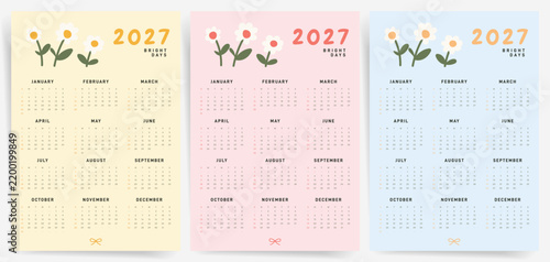 One Page Calendar 2027. Calendar templates 2027 for wall and desk use. Set of ready to print annual layouts. Home floral decor modern 2027 calendar.	