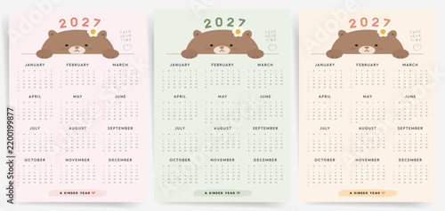 One Page Calendar 2027 Vector Template Set with Kawaii Bear Illustration. Calendar 2027 template in pink, sage green and cream, Sunday start and 12 months for wall and desk planning.
