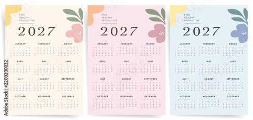 One Page Calendar 2027 Vector Template Set with Floral Corner Illustration. Calendar 2027 designs in cream, pink and pale blue, Sunday start and 12 months for wall and desk planning.