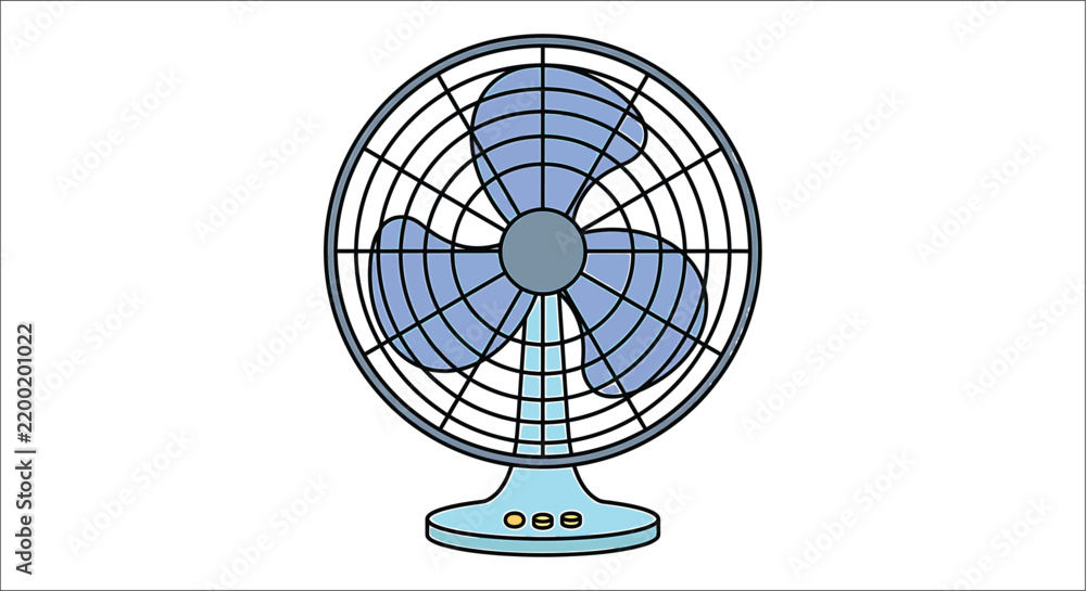 Obraz premium A blue electric fan with protective grill stands against a plain white background electricfan cooling