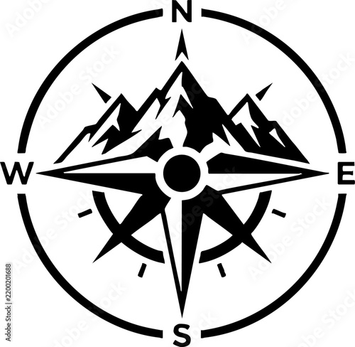 Compass rose with mountain silhouette adventure travel icon