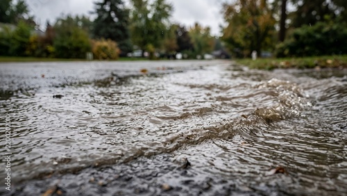 Floodwater flowing over asphalt road during heavy rain in a residential area