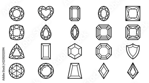 Set of Gemstone Cut Outlines and Diamond Shapes Vector Icons for Jewelry Design and Branding
