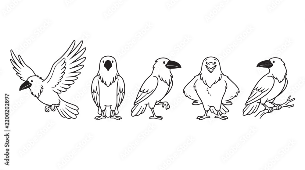 Obraz premium Minimalist black and white crow vector set, hand drawn raven character collection, 5 cartoon bird icons for coloring and logo design isolated on Transparent Background