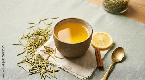 A soothing cup of herbal tea with lemon and cinnamon, presented with 3D GIS precision for a wellness concept