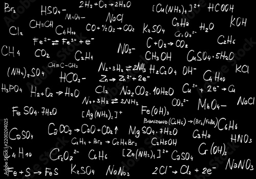 Handwritten chemical formulas and equations on a scientific background