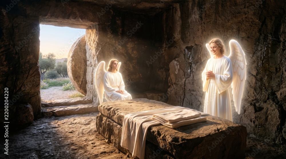 Obraz premium Two angels stand beside an empty tomb and folded burial cloth. Sunlight enters a rocky cave. Christian resurrection symbolism representing Easter, faith, and hope.