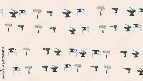 Bild auf Leinwand Tools pattern with anvil, drill, and paint roller