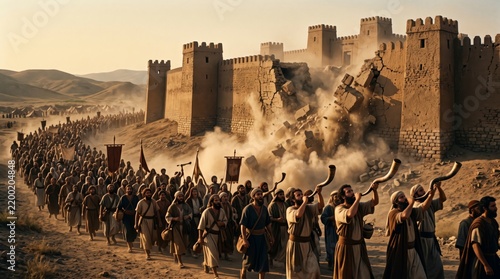 Israelites march around Jericho as trumpets sound and the wall collapses. Pilgrims gather amid dust, banners, and stone ruins. Biblical faith and victory concept.