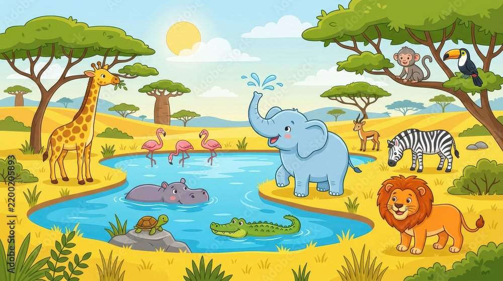 Obraz premium Cute Cartoon African Savanna Animals Gathering at a Watering Hole Illustration for Children's Education and Decor