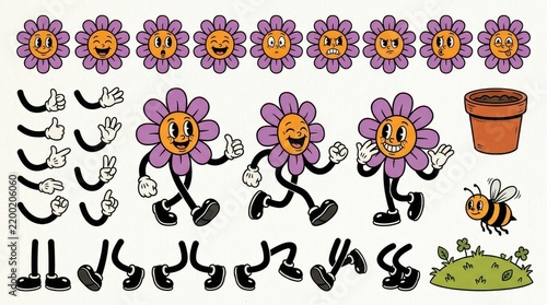 Vintage 1930s Rubber Hose Style Flower Character Creator Kit with Expressions, Limbs, Bee, and Garden Elements