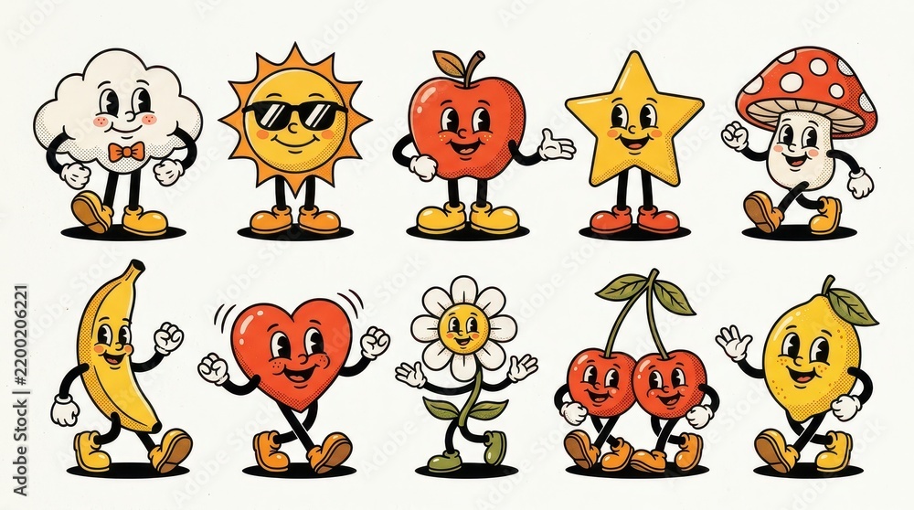 Obraz premium Retro Rubber Hose Cartoon Character Set with Vintage 1930s Style Mascot Illustrations of Sun, Heart, Fruit, and Nature