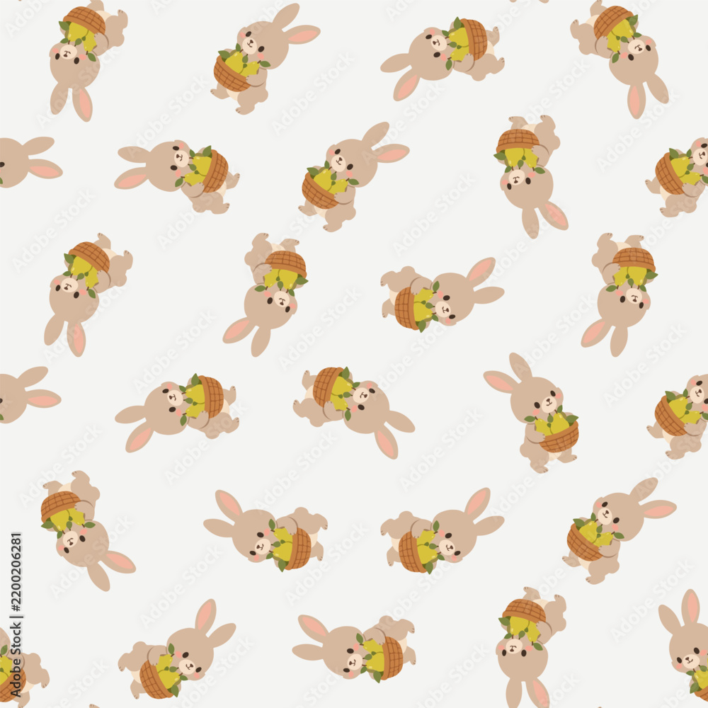 Obraz premium Cute Bunny Rabbit Seamless Pattern with Fruit Basket, Flat Woodland Animal Autumn Vector Illustration