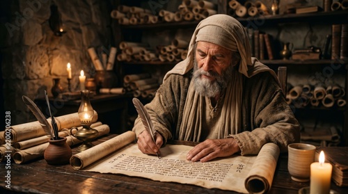 An elderly scribe writes sacred scripture on a parchment scroll. Candlelit ancient chamber holds scrolls, quills, and books. Biblical history and Christian faith concept.