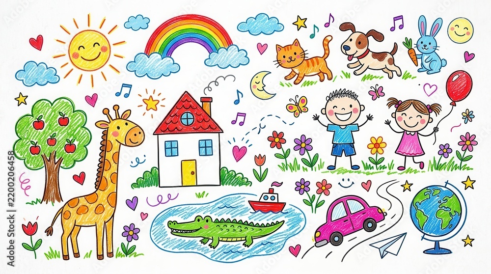 Obraz premium Colorful Children's Hand Drawn Doodles with Animals, House, Sun, and Rainbow on White Background for Education