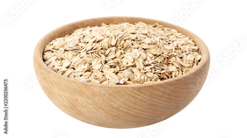 Raw oat flakes in wooden bowl isolated on transparent background