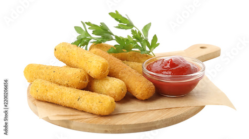 Fried mozzarella cheese sticks with ketchup dip on wooden board isolated on transparent background