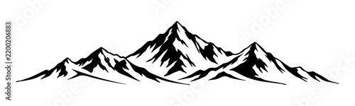 Detailed Alpine Mountain Range with Snowy Peaks, Black and White Wilderness Landscape Illustration