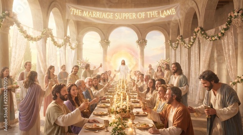 Jesus Christ welcomes guests to a sacred feast. A candlelit hall features flowers and arches. Christian fellowship evokes a heavenly celebration.