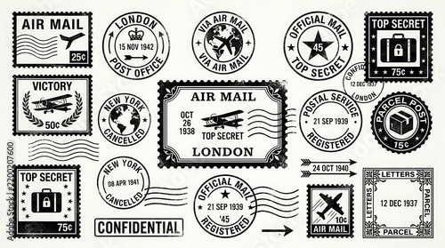 Collection of Vintage Postage Stamps and Postmarks Featuring Air Mail, Top Secret, and International City Designs