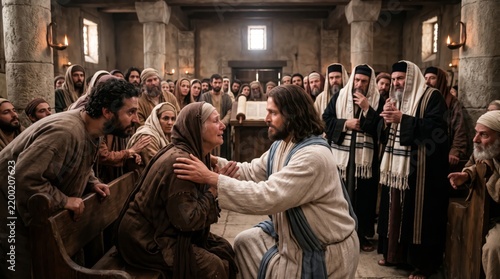 Jesus Christ comforts a distressed woman inside an ancient synagogue. Followers and religious leaders gather nearby. Biblical faith and compassion concept.