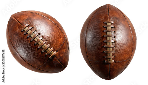 Vintage brown leather American football balls, isolated on transparent background