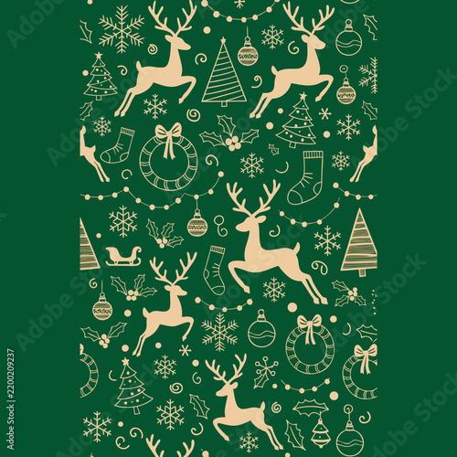 Seamless Christmas Gold Line Art Reindeer and Wreath Pattern on Dark Green