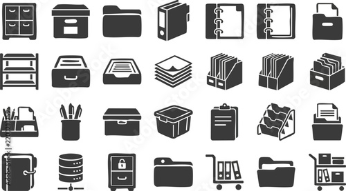 A collection of flat black office icons displays various document storage and filing.