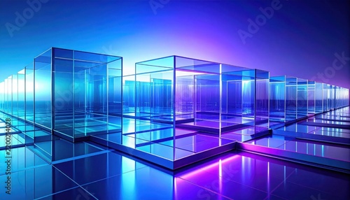 Modern abstract background design featuring a futuristic blue and purple glass data pathway with transparent digital technology layers, perfect for AI network connection and software innovation con...