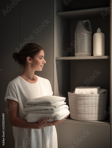 Female Organizing Clean Towels in Minimalist Home Interior
