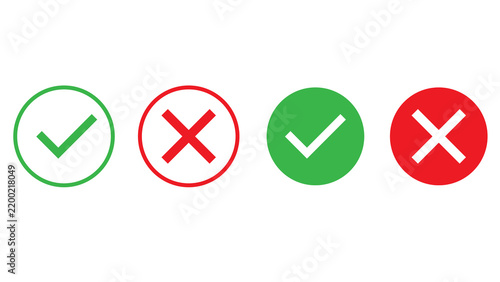 Set of green check marks and red cross marks in circular frames with check mark green tick red x validation icon yes no true false survey icon selection sign rejection icon accept decline