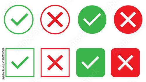 Collection of green check marks and red cross symbols in circles and squares with check mark green tick red x validation icon yes no true false survey icon square icon circle icon