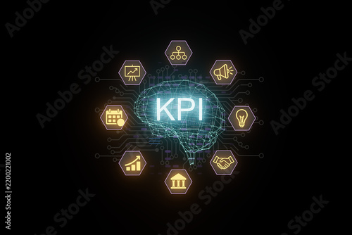 KPI concept with a brain and various icons showing data, planning, and performance at night